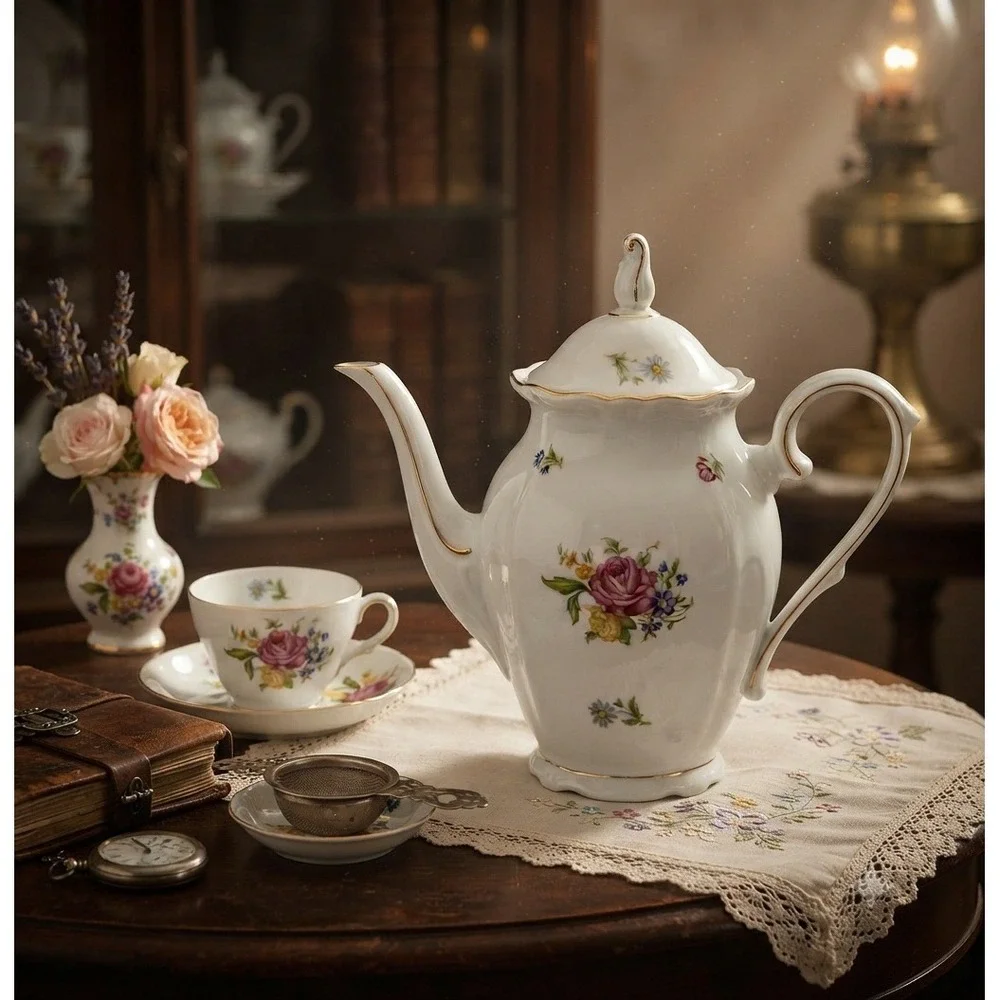 Schumann Arzberg Bavaria Germany Porcelain Coffee Pot Floral Rose Gold Trim 11in